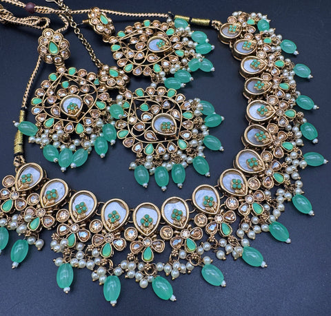Original Polki stone with pearls beaded work beautiful necklace with earrings and tikka set