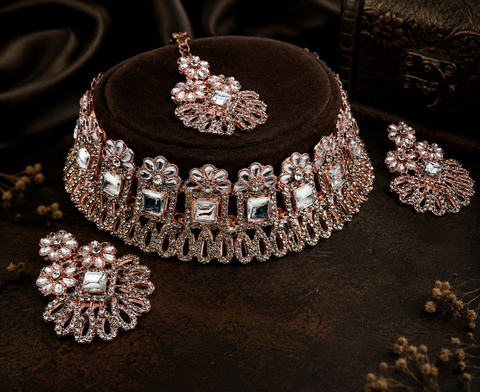 Rosegold & Silver Jerkan Stone Beautiful Necklace Set(Slight Variation In Color And Design Is Possible )
