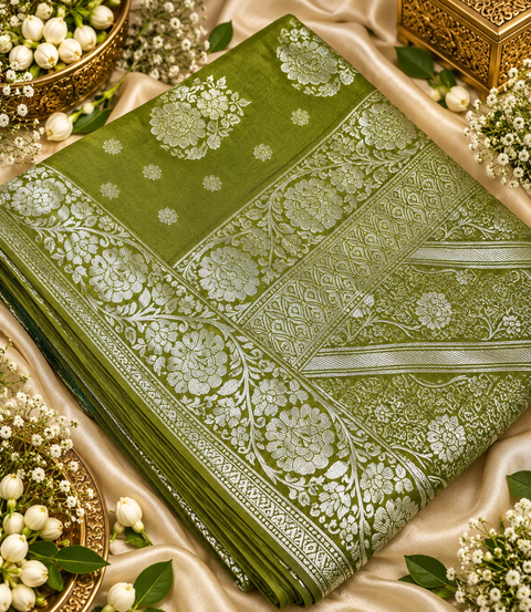 Luxuriously soft silk saree with a smooth, lightweight feel and beautifully flowy drape. Featuring rich woven zari floral motifs and an elegant detailed border .Blouse piece included. Slight variation in colour and design is possible.