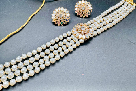Beautiful pearls with stone beaded choker necklace with small studs