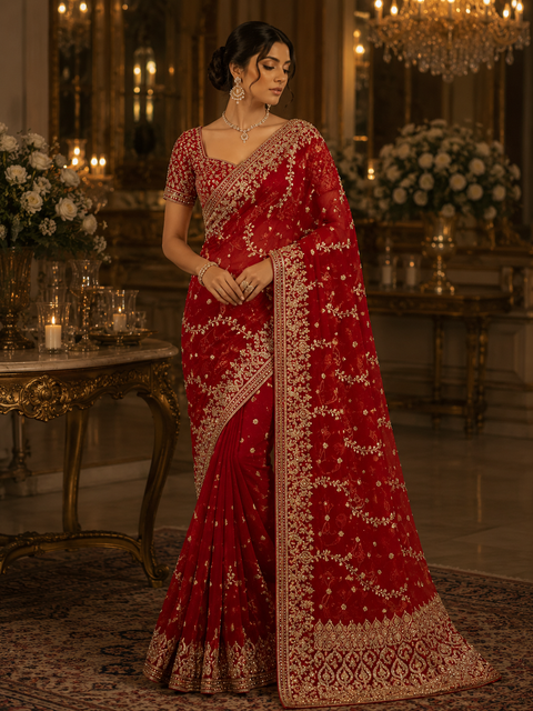 Red Heavy work designer Saree with netting base fabric and stones work design all over with heavy embroidery.The Blouse Worn By The Model Is For Reference Purposes Only. The Actual Blouse Piece Comes Attached With Saree(Slight Variations Are Possible)