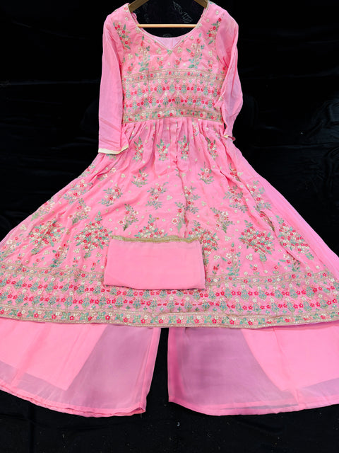 Georgette based sequined and embroidery work kameez with sharara pants and Georgette dupatta