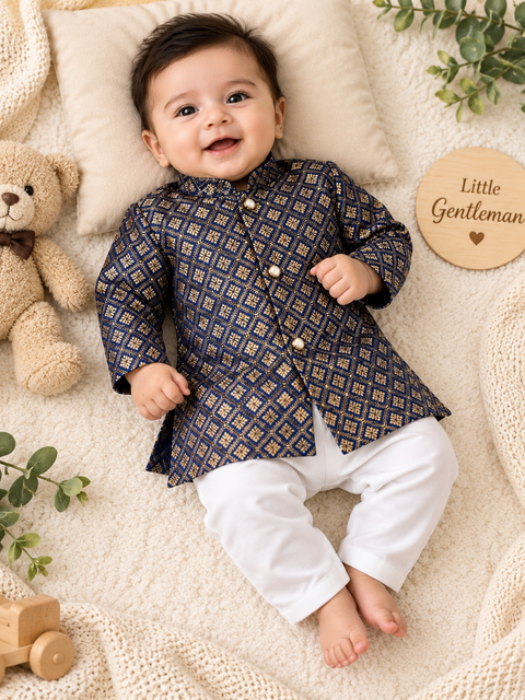 Adorable Brocade Silk Newborn Kurta Pajama Set with soft inner lining, easy front-open kurta and matching elasticated pajama for comfortable wear.Kurta L 35 cm,Chest 25 cm,Sleeve 24 cm,Pajama L 33 cm. Slight variation in colour & design may occur