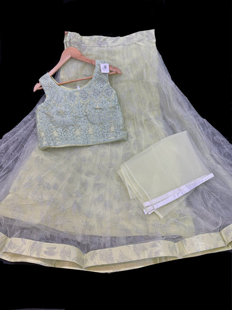 Stones and mirror work designer Blouse with netting shimmer work  design heavy flared lehnga and netting dupatta