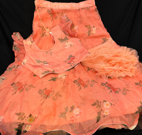 Peach colour organza based floral printed lehnga