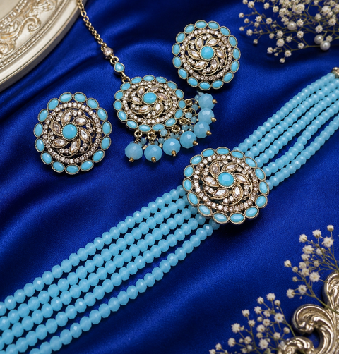 Jerkan fine stone with pearls beaded choker set with beautiful studs & tikka