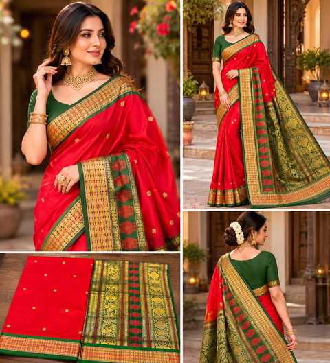 Premium Art Silk Saree Featuring Elegant Zari Weaving, Saree Comes With An Attached Blouse Piece. Model Blouse Is For Reference Only. Slight Variation In Colour And Design May Occur
