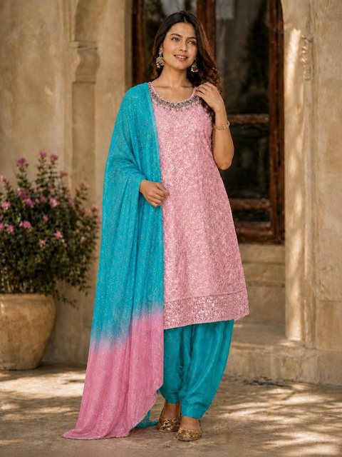 Size 42 Cotton  silk Based Embroidery &Sequined work Kameez  With Salwar and georgette dupatta(slight variance in color and design is possible)