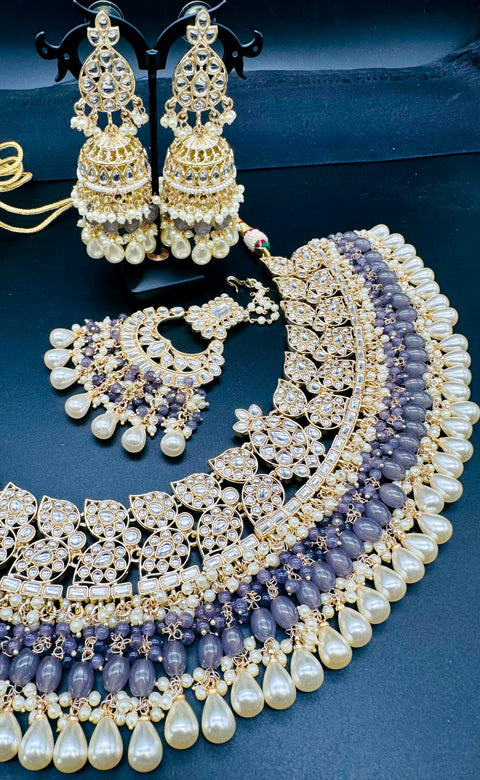 Kundan studded & pearls work designer heavy work Necklace set with beautiful Earrings & Tikka