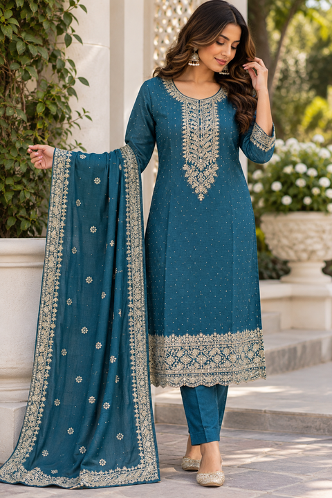 Deep peacock Blue set featuring elegant golden embroidery on the neckline, sleeves and hem, paired with matching pants and a beautifully bordered dupatta.Slight variation in colour and design may be possible.