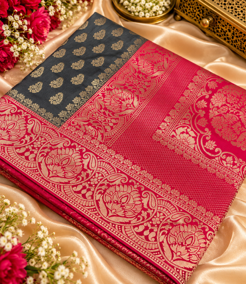 Dola Silk Saree with elegant all-over floral zari weaving and a rich contrasting woven border with detailed pallu. Soft, graceful drape with a luxurious festive look. Contrast blouse piece included.Slight variation in colour and design is possible.