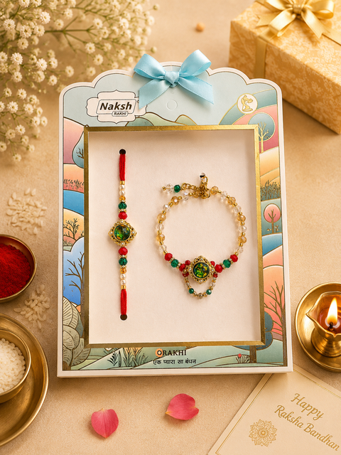 Beautiful Bhai-Bhabhi Rakhi set with colourful beads and elegant detailing — a perfect celebration of the special Raksha Bandhan bond.
