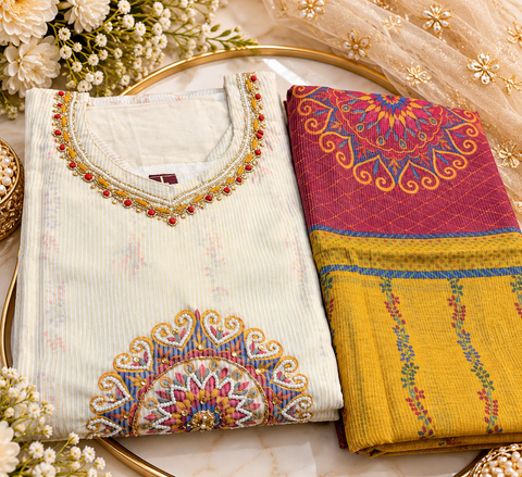 Elegant Ivory Cotton Suit Set featuring beautiful blue floral embroidery, intricate neckline detailing, a stylish embroidered border, matching pants and a graceful dupatta. Slight variations in colour and design are possible