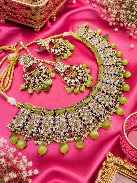 Original Polki stone with pearls beaded work beautiful necklace with jhumka and tikka set