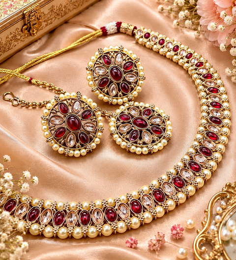 Polki And Pearls Work Beautiful Necklace Set With studs & Tikka