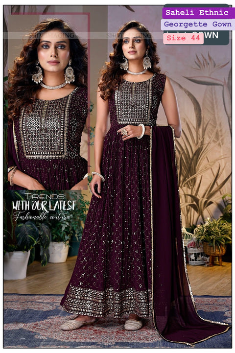 Georgette based embroidery with sequined work designer flared kameez /gown with tights and georgette  based embroidery work dupatta