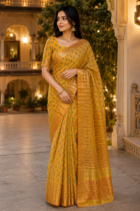 Graceful Semi Silk Cotton Saree adorned with charming floral prints and a rich woven pallu, An unstitched blouse piece is attached with the saree (slight variation in color and design is possible )