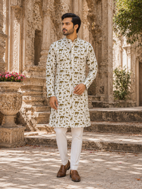 Pure Cotton Based Men’s Printed Kurti (Sizes Mentioned In Inches ,Not According To The Label On Kurti) Size 44 Kurti- Length 40 Inches And Size 46-Length 42 Inches ) Kurti only. Pants not included.