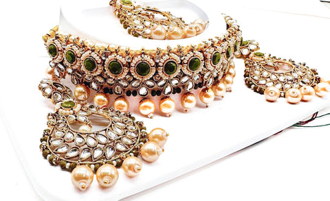 Pearls beaded with Kundan stone beautiful choker necklace with Earrings & Tikka