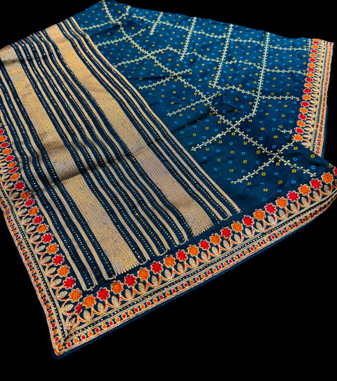 Bandhani print Beautiful Saree with embroidery and stone work border and beautiful design on Pallu