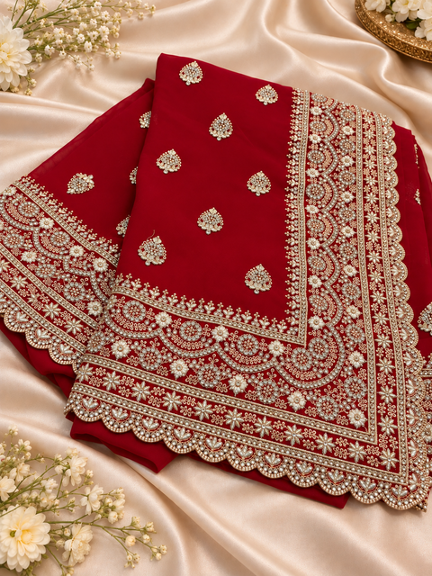 Georgette Saree featuring intricate embroidery, elegant stonework and a rich scalloped border with all-over motif detailing. Attached blouse piece included; model blouse is for reference only. Slight variation in colour and design is possible.