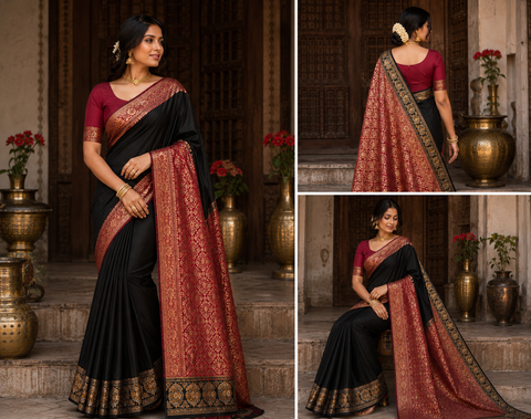 Beautiful Soft Silk Saree With Contrast Zari Border And Contrast Plain Blouse.Saree Comes With An Attached Blouse Piece. Model Blouse Is For Reference Only. Slight Variation In Colour And Design May Occur