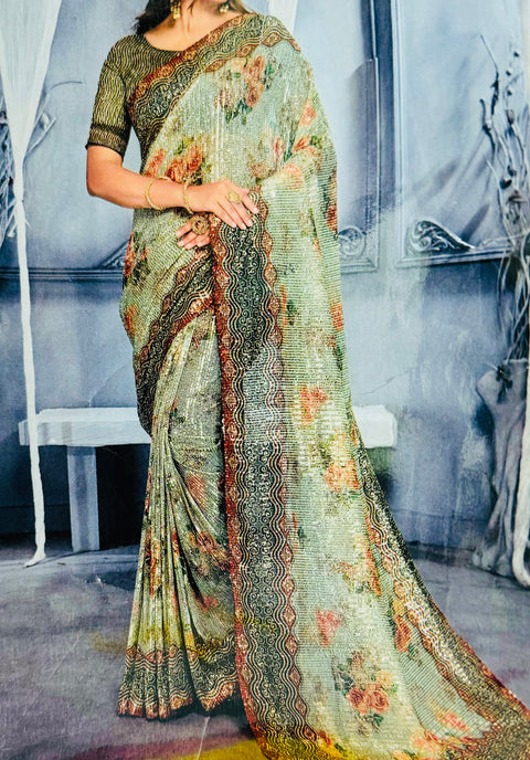Sequined Soft Fabric Designer Sarees In Print Work With contrast Sequined Blouse
