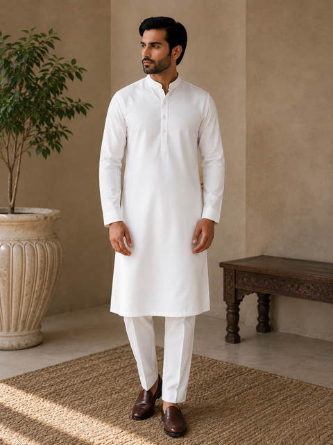 Plain cotton based kurta with pajama pants (slight variation in color and design is possible )