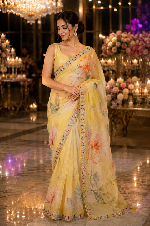 Yellow colour Pure & soft malmal tissue silk Saree with handwork border (blouse worn by the model is for reference purposes only. The blouse piece is attached separately with the saree. Slight variation in colou and design is possible)