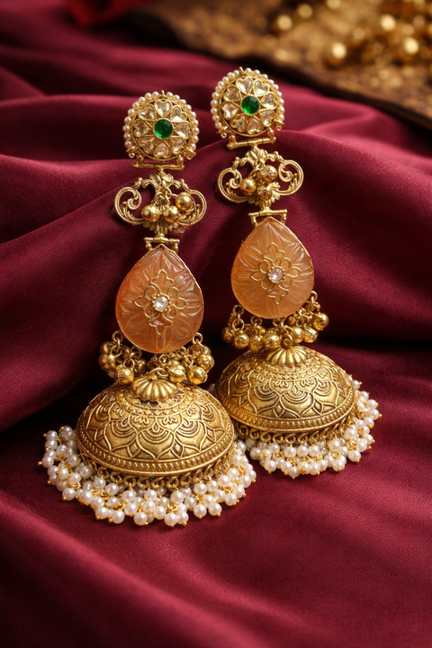 (Video clip attached )Trending Kashmiri Earrings /Elegant traditional jhumka earrings crafted with a high-quality alloy base, featuring intricate antique gold-look detailing, delicate pearl accents , Ghunghrooand a beautifully carved drop stone