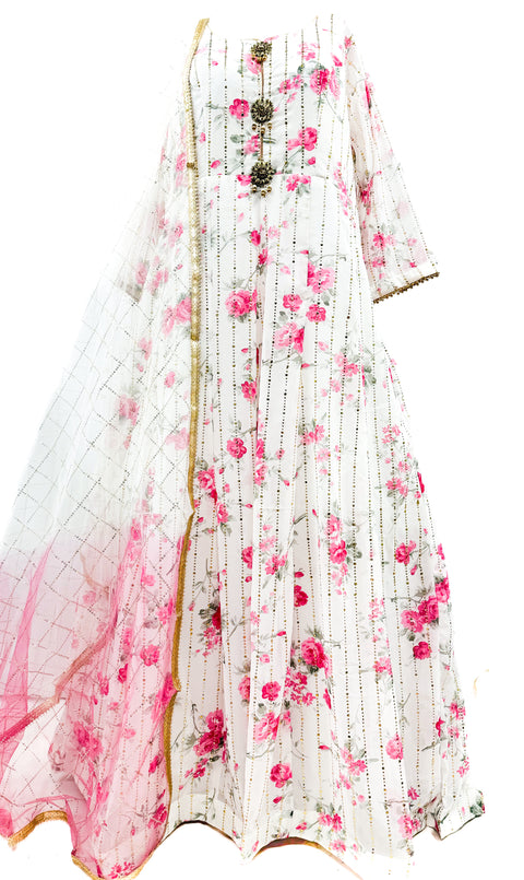 (Plus size )Georgette based Floral print mukaish work Gown
