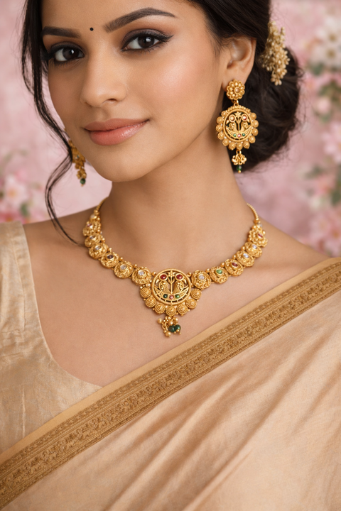 Elegant matte-finish light gold necklace set featuring intricate traditional motifs with subtle multicolor stone detailing, paired with matching statement earrings. Perfect for adding a graceful, timeless charm to any ethnic look. ✨