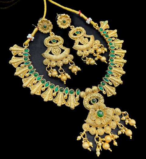 Mat look antique gold traditional necklace set with pearls and kundan work