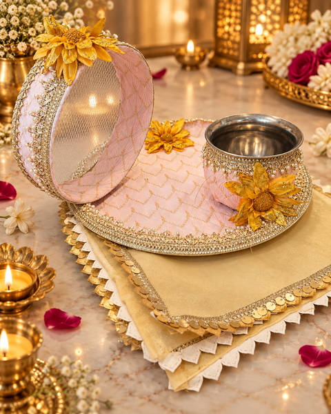 Beautiful Karwa Chauth Thali Set in blush pink and gold with matching thali, channi, kalash and cover cloth. Slight variation in colour and design is possible.