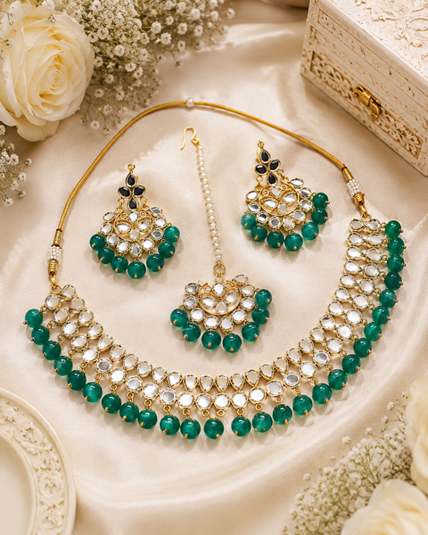 Elegant mirror necklace set adorned with beads and pearl detailing, perfect for adding a royal touch to your traditional look
 ( slight variation in color and design is possible )