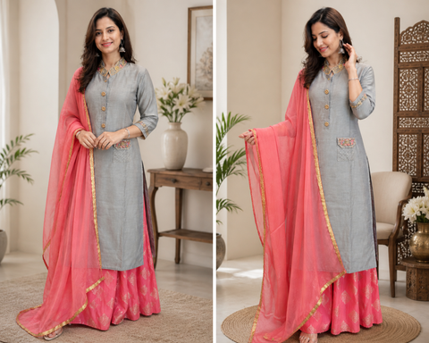 Cotton Silk Based handwork Kurti With Plazo pants & Dupatta (slight variance in color and design is possible)
