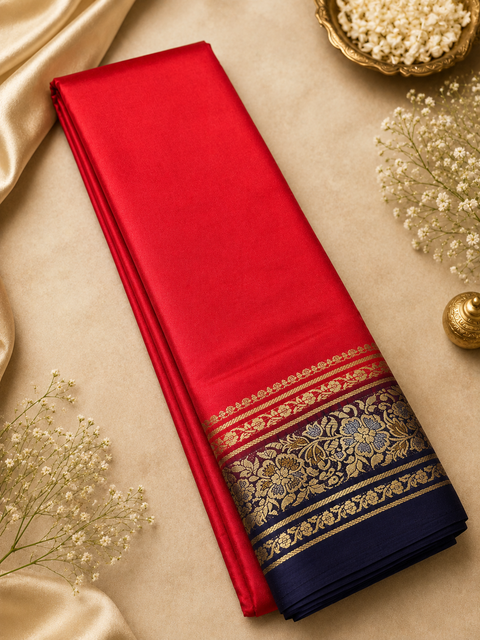 Plain Silk Saree With Contrast Zari Border And Contrast Plain Blouse, Model-Worn Blouse Is For Reference Only. Unstitched Blouse Piece Is Attached With Saree(Slight Variation In Color & Design Is Possible)