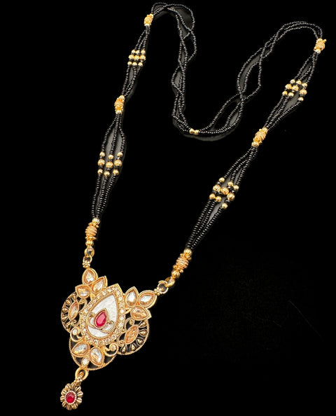 Polki Stone & Jerkan Gold Plated (Artificial) Mangalsutra With Artificial Black Beads Chain, Apx Size 15 inches length
