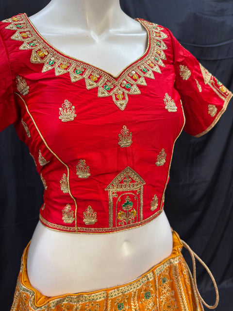 (Video clip attached)SIZE 42 (Upto 44))Mustard & Red Banarasi silk Based Beautiful hand Embroidery Work With Golden Fine Stones work heavy Ken Ken Designer semi/Bridal Lehnga With Heavy Tessels Attached To Blouse & Lehnga