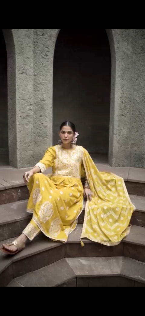 Pure & Soft Rayon Based Designer Lakhnavi Embroidered Kurti With Plazo Pants & Dupatta(Clip Attached to watch the design)