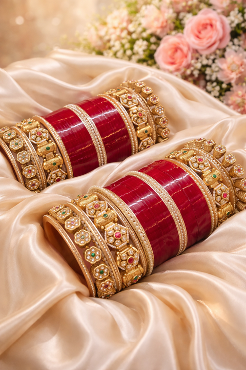 Crafted with high-quality materials, featuring rich red bangles with intricate gold detailing, kundan-style stones, and fine pearl accents. Durable finish with a luxurious, long-lasting shine—perfect for your special day