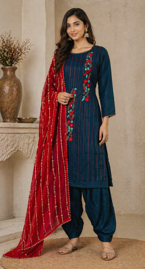 Size 38 and can be altered upto 40) 
Crepe silk salwar suit featuring delicate floral embroidery and fine vertical detailing, with chiffon contrasting dupatta. Designed for a graceful, comfortable fit(slight variance in color and design is possible)
