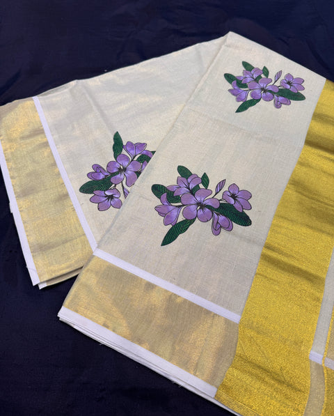 KERALA Gold Tissue SAREE WITH BEAUTIFUL FLORAL PRINT