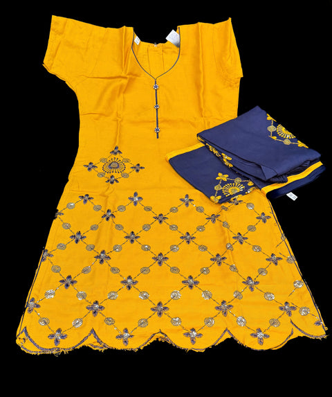 Mustard & Nevi Blue colour pure rayon based beautiful embroidery work very soft salwar suit with pure georgette dupatta for kids