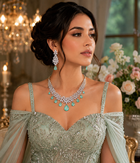 American Diamond stones very fine work classy necklace with beautiful earrings(slight variation in color & design is possible)