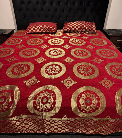 Print Velvet Zari Work Bed Sheet (275cm x 265cm)king size King Size Bedsheet With Double Pillow Cover