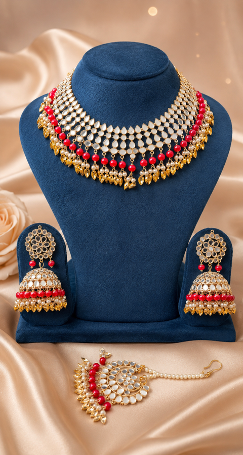 Pearls with original mirror work necklace set with Jhumka & tikka