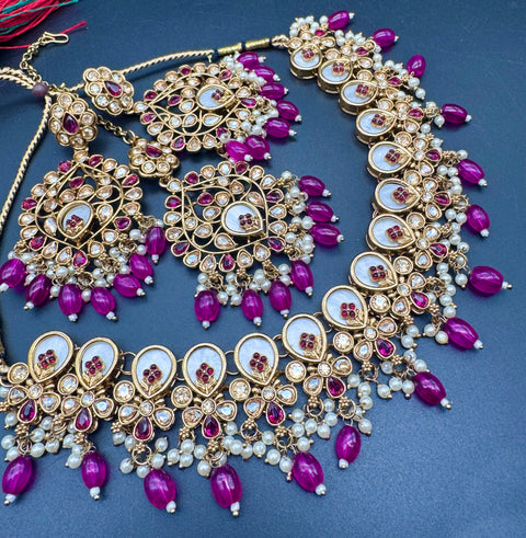 Original Polki stone with pearls beaded work beautiful necklace with earrings and tikka set
