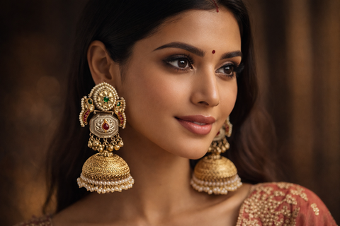 (Video Clip attached) Trending Kashmiri Earrings /Premium antique gold-look finish with intricate handcrafted engraving and delicate pearl drops for an elegant traditional look