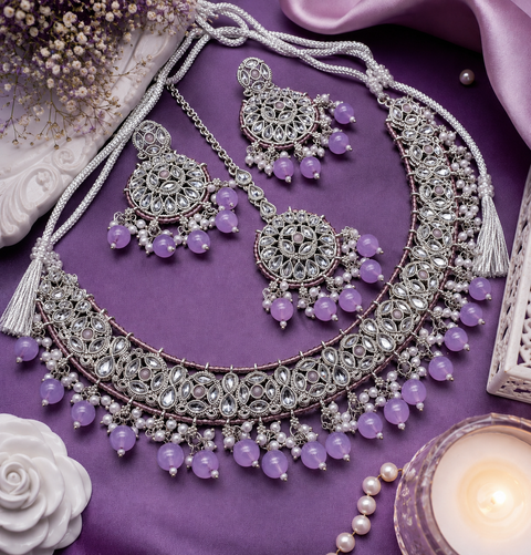 Original Polki stone with pearls beaded heavy work classy necklace with earrings and tikka set